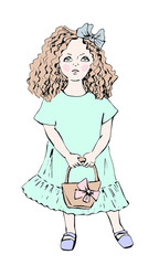 Little girl with curly brown hair, dressed in vintage blue dress, with a small bag in her hands. Hand drawn vector illustration, isolated on white.