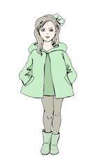 Little girl with long brown hair, dressed in green raincoat and boots. Hand drawn vintage illustration, isolated on white. Kid's fashion, vector.