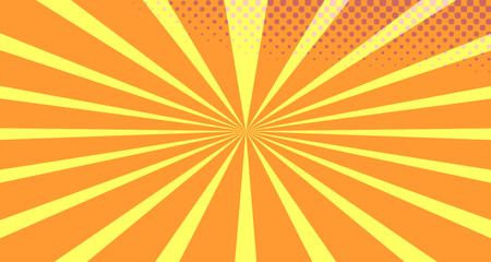 Vintage colorful comic book background. Orange blank bubbles of different shapes. Rays, radial, halftone, dotted effects. For sale banner empty Place for text 1960s. Copy space vector eps10.