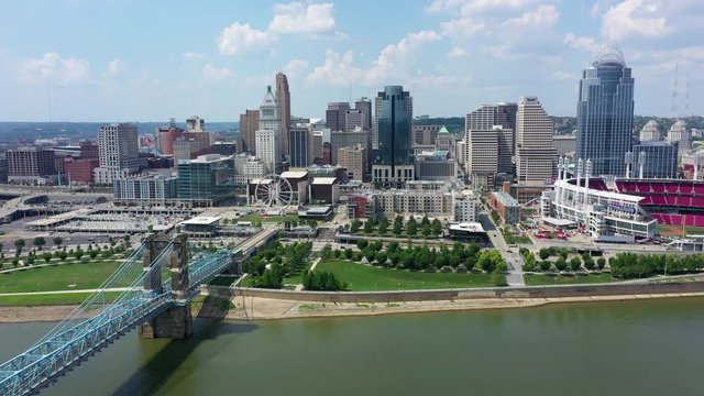 Cincinnati skyline aerial view John A. Roebling bridge and cityscape