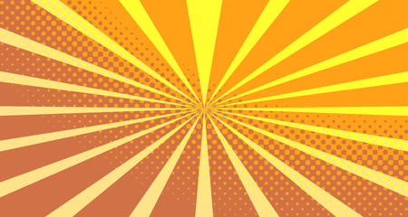 Vintage colorful comic book background. Orange blank bubbles of different shapes. Rays, radial, halftone, dotted effects. For sale banner empty Place for text 1960s. Copy space vector eps10.