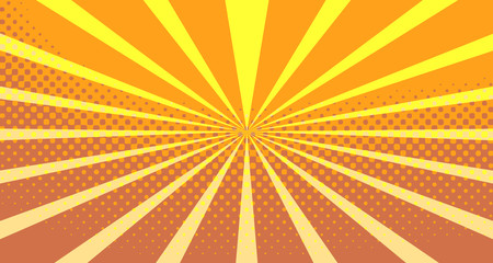 Vintage colorful comic book background. Orange blank bubbles of different shapes. Rays, radial, halftone, dotted effects. For sale banner empty Place for text 1960s. Copy space vector eps10.