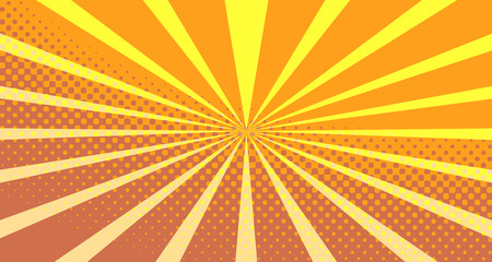 Obraz premium Vintage colorful comic book background. Orange blank bubbles of different shapes. Rays, radial, halftone, dotted effects. For sale banner empty Place for text 1960s. Copy space vector eps10.