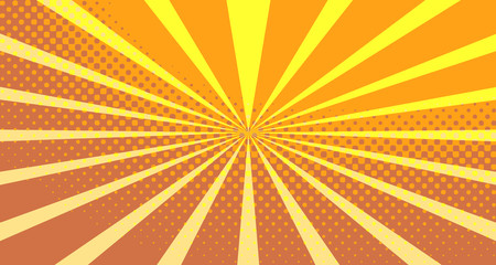 Fototapeta premium Vintage colorful comic book background. Orange blank bubbles of different shapes. Rays, radial, halftone, dotted effects. For sale banner empty Place for text 1960s. Copy space vector eps10.