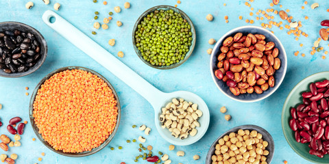 Legumes panoramic flat lay shot. Vibrant pulses, shot from the top. Beans, lentils, chickpeas, and soybeans, shot from the top on a blue background