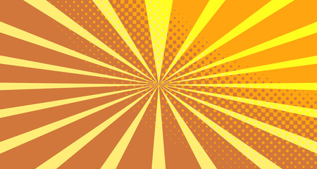 Vintage colorful comic book background. Orange blank bubbles of different shapes. Rays, radial, halftone, dotted effects. For sale banner empty Place for text 1960s. Copy space vector eps10.