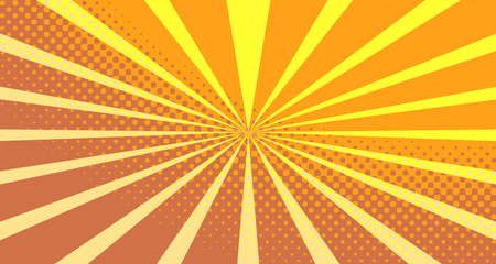 Fototapeta premium Vintage colorful comic book background. Orange blank bubbles of different shapes. Rays, radial, halftone, dotted effects. For sale banner empty Place for text 1960s. Copy space vector eps10.
