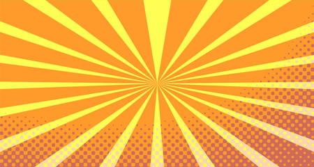 Vintage colorful comic book background. Orange blank bubbles of different shapes. Rays, radial, halftone, dotted effects. For sale banner empty Place for text 1960s. Copy space vector eps10.