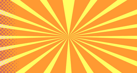 Vintage colorful comic book background. Orange blank bubbles of different shapes. Rays, radial, halftone, dotted effects. For sale banner empty Place for text 1960s. Copy space vector eps10.