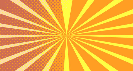 Vintage colorful comic book background. Orange blank bubbles of different shapes. Rays, radial, halftone, dotted effects. For sale banner empty Place for text 1960s. Copy space vector eps10.