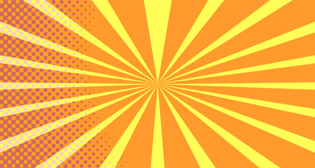 Vintage colorful comic book background. Orange blank bubbles of different shapes. Rays, radial, halftone, dotted effects. For sale banner empty Place for text 1960s. Copy space vector eps10.