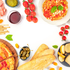 Italian food. Pizza, pasta, cheese, wine, overhead flat lay square shot on a white background, forming a frame for copy space