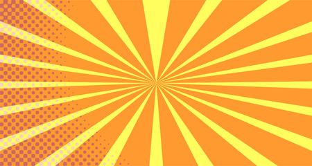Fototapeta premium Vintage colorful comic book background. Orange blank bubbles of different shapes. Rays, radial, halftone, dotted effects. For sale banner empty Place for text 1960s. Copy space vector eps10.