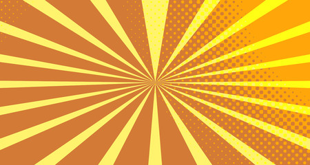 Vintage colorful comic book background. Orange blank bubbles of different shapes. Rays, radial, halftone, dotted effects. For sale banner empty Place for text 1960s. Copy space vector eps10.