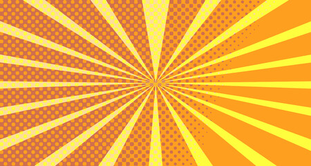 Vintage colorful comic book background. Orange blank bubbles of different shapes. Rays, radial, halftone, dotted effects. For sale banner empty Place for text 1960s. Copy space vector eps10.
