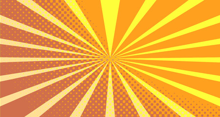 Vintage colorful comic book background. Orange blank bubbles of different shapes. Rays, radial, halftone, dotted effects. For sale banner empty Place for text 1960s. Copy space vector eps10.