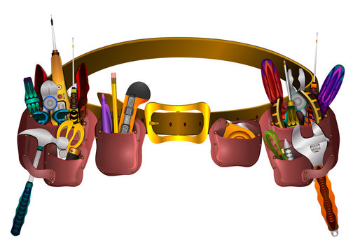 Professional leather belt for the builder, plumber, electrician, craftsman. Belt with pockets and compartments for screwdrivers, a hammer, tape measure, knife, nippers, pliers, etc. Vector realistic