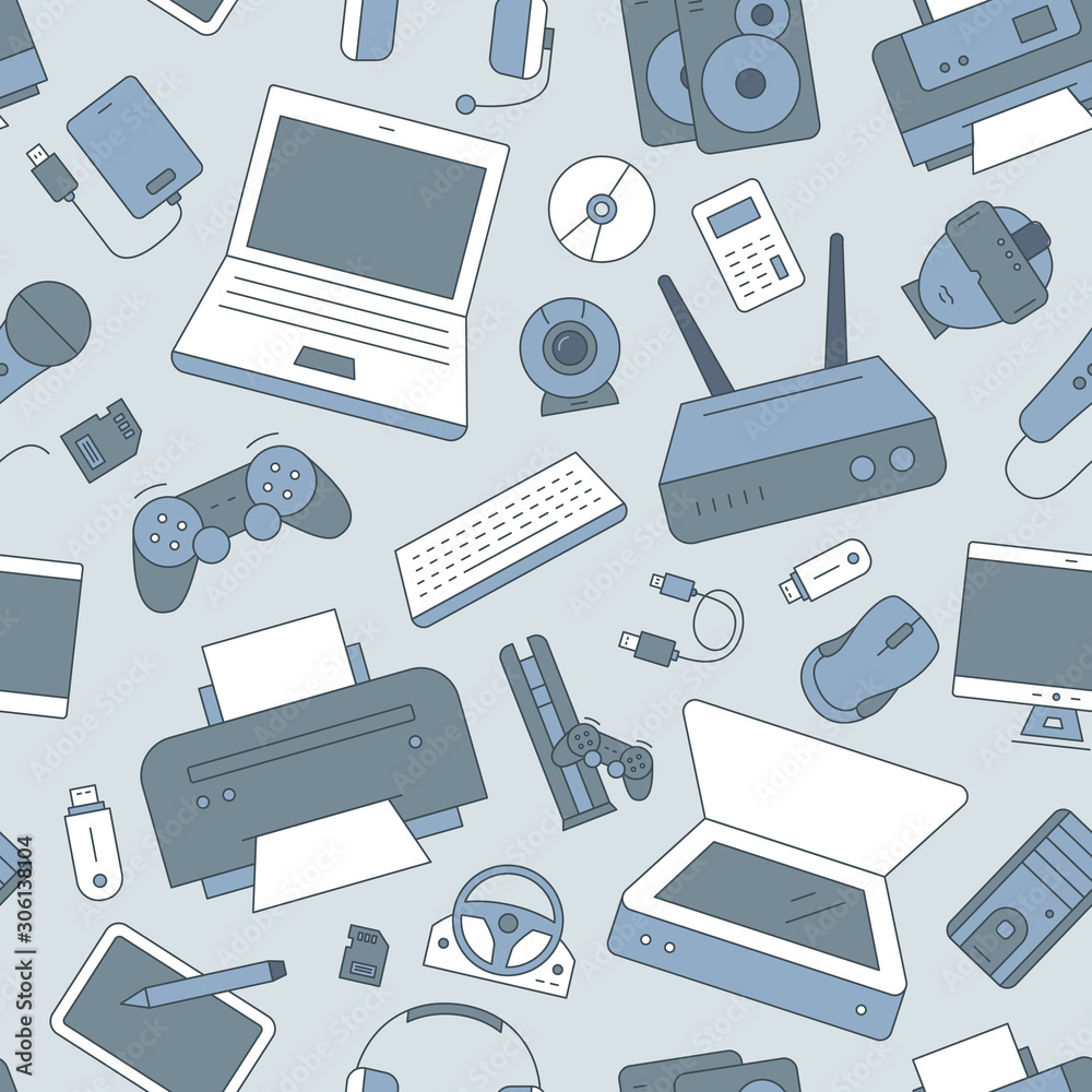 Fototapete Electronic devices background - Vector color seamless pattern of technique and computer for graphic design