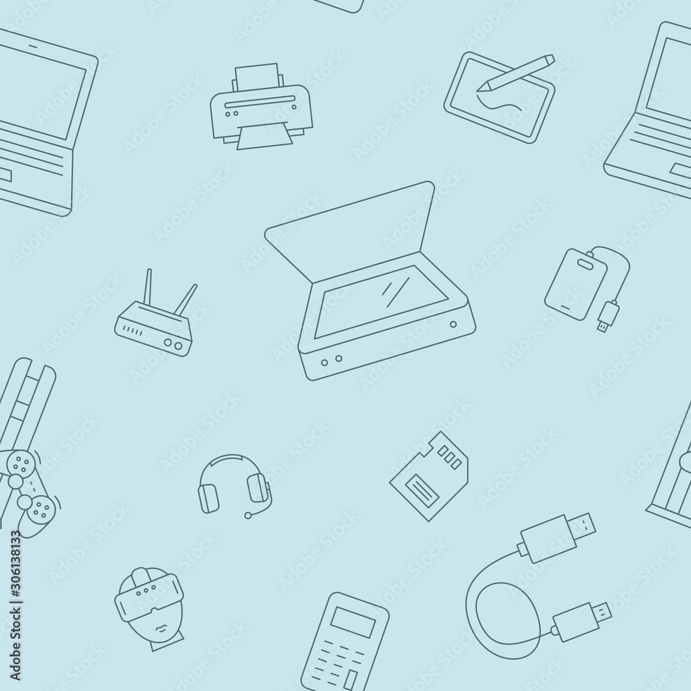 Fototapete Electronic devices background - Vector seamless pattern of technique and computer for graphic design