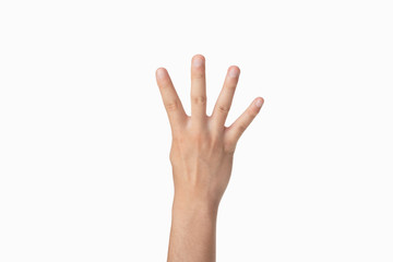 Obraz premium hand gesture which means four, index finger, middle finger, ring finger and little finger pointing up