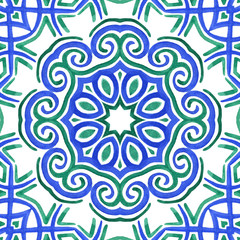 Antique portuguese tiles. Blue Azulejos ceramic. Spanish pottery..Sicily italian majolica. Vintage ethnic background . Mediterranean watercolor seamless wallpaper. Moroccan ornaments in indigo color