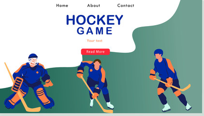 Fototapeta na wymiar Hockey Player in Motion Website Landing Page. Young Male Character Skating in Team Uniform Sportsman Playing Game, Sport Life Web Page Banner. Cartoon Flat Vector Illustration
