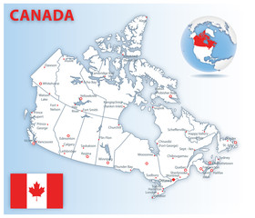 Detailed map of Canada administrative divisions with country flag and location on the globe.