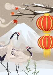 Obraz na płótnie Canvas Couple of japanese cranes and lanterns. Winter asian landscape