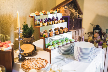 Delicious sweets on wedding candy buffet with desserts, cupcakes