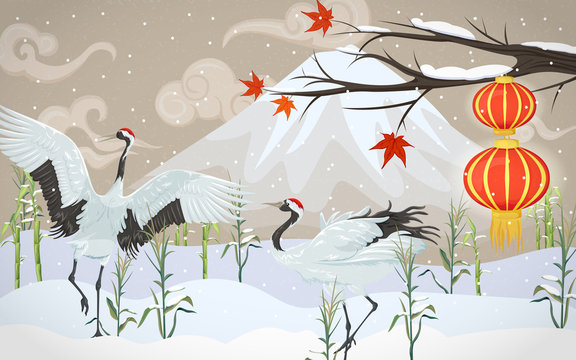 Chinese Lanterns, Cranes And Snow Mountain. Winter Asian Landscape