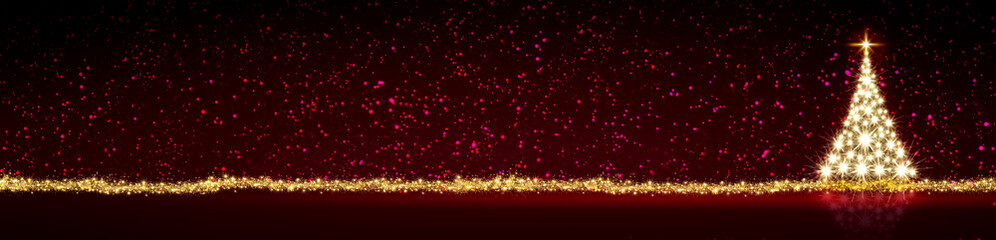 Fototapeta na wymiar Golden Christmas tree isolated on red night background.