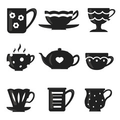 Coffee and tea cup set. Teatime mug vector icons in cartoon style.