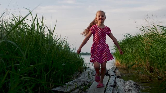 Happy little girl in a red polka dot dress runs between thickets of reeds on wooden boards from the lake. Childhood, freedom. Steadycam shot, slow motion.