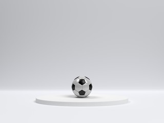 Classic soccer ball on a round pedestal on a white background. 3d realistic illustration football. Rendering of a leather ball on a white circle Light image on the theme of sport, competition, match. - 306142516