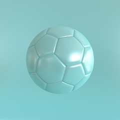Blue soccer ball on a blue background. 3d realistic illustration. Rendering of a leather football in a mint style. Light image on the theme of sport, competition, match. - 306142593