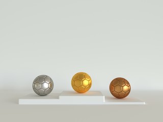 Soccer balls in gold, silver and bronze on a pedestal. 3d illustration on a white background. Rendering realistic football. First and second and third places winning prizes on ceremony pedestal. - 306142733