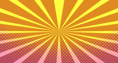 Vintage colorful comic book background. Orange blank bubbles of different shapes. Rays, radial, halftone, dotted effects. For sale banner empty Place for text 1960s. Copy space vector eps10.