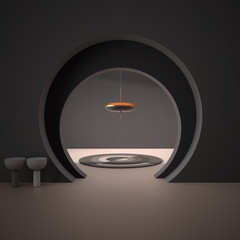 Classic metaphysics interior design, lobby, hall with round carpet and copper pendant lamp,...
