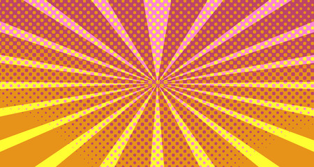 Vintage colorful comic book background. Orange blank bubbles of different shapes. Rays, radial, halftone, dotted effects. For sale banner empty Place for text 1960s. Copy space vector eps10.