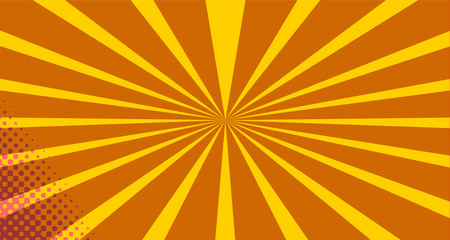 Fototapeta premium Vintage colorful comic book background. Orange blank bubbles of different shapes. Rays, radial, halftone, dotted effects. For sale banner empty Place for text 1960s. Copy space vector eps10.