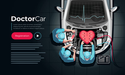 Professional car engine repair in the form of a heart by car mechanics in doctors clothes. Landing page template.