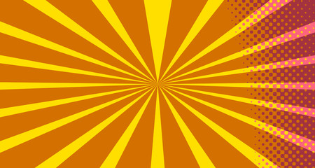 Fototapeta premium Vintage colorful comic book background. Orange blank bubbles of different shapes. Rays, radial, halftone, dotted effects. For sale banner empty Place for text 1960s. Copy space vector eps10.