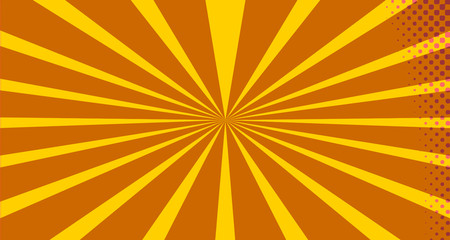 Obraz premium Vintage colorful comic book background. Orange blank bubbles of different shapes. Rays, radial, halftone, dotted effects. For sale banner empty Place for text 1960s. Copy space vector eps10.