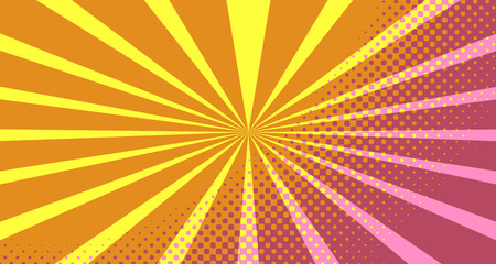 Vintage colorful comic book background. Orange blank bubbles of different shapes. Rays, radial, halftone, dotted effects. For sale banner empty Place for text 1960s. Copy space vector eps10.