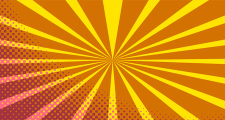 Obraz premium Vintage colorful comic book background. Orange blank bubbles of different shapes. Rays, radial, halftone, dotted effects. For sale banner empty Place for text 1960s. Copy space vector eps10.