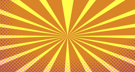 Vintage colorful comic book background. Orange blank bubbles of different shapes. Rays, radial, halftone, dotted effects. For sale banner empty Place for text 1960s. Copy space vector eps10.