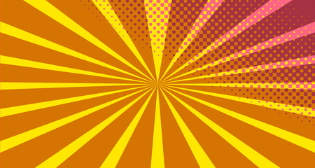 Fototapeta premium Vintage colorful comic book background. Orange blank bubbles of different shapes. Rays, radial, halftone, dotted effects. For sale banner empty Place for text 1960s. Copy space vector eps10.