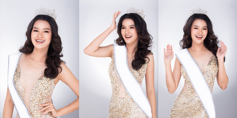 Portrait of Miss Asian Pageant Beauty Contest in sequin Evening Ball Gown long dress with sparkle light Diamond Crown, studio lighting gray background, collage group pack of half body face © Jade