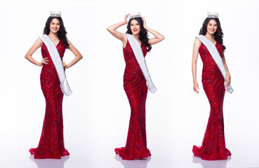 Portrait of Miss Asian Pageant Beauty Contest in Red sequin Evening Ball Gown long dress with light Diamond Crown and sash, studio lighting white background, collage group pack of full length body - obrazy, fototapety, plakaty
