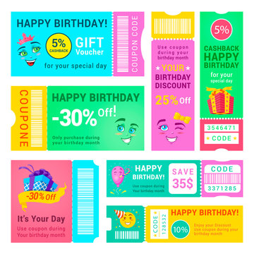 Happy birthday promo vouchers vector design templates set